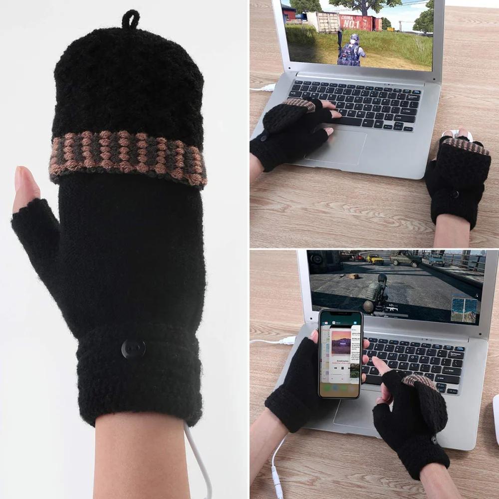 

1 Pair of USB Heated Kids Full and Half Finger Hand Warmer Adorable Mittens Dark Grey