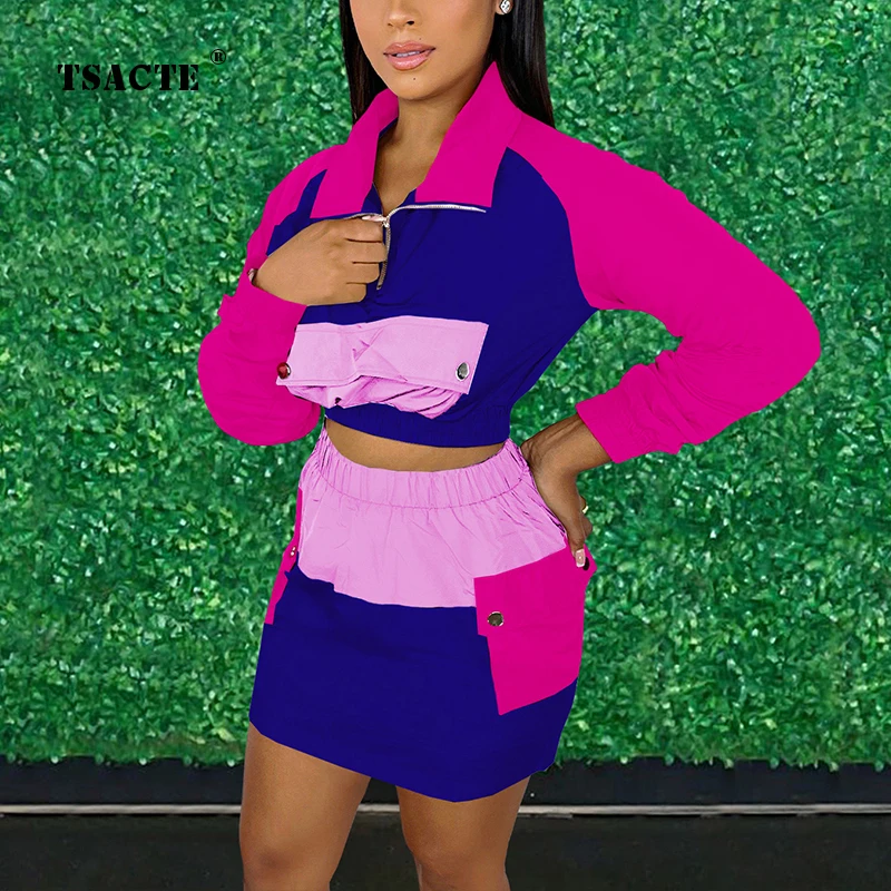 

Модный повседневный костюм с короткой юбкой на молнии, весенний костюм из двух предметов, Новинка осени, уличная одежда с карманами и отворотами, женская одежда, мини-платья