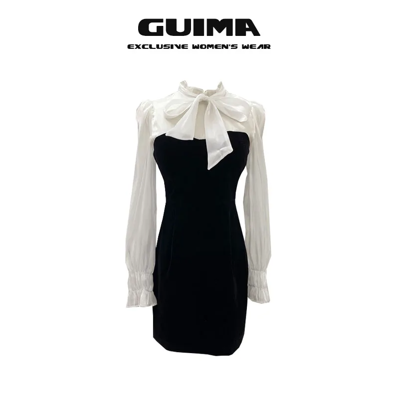 

Your hot halo lala vanity fair actress/early autumn bowknot splicing velvet dress shirt bag hip short dress