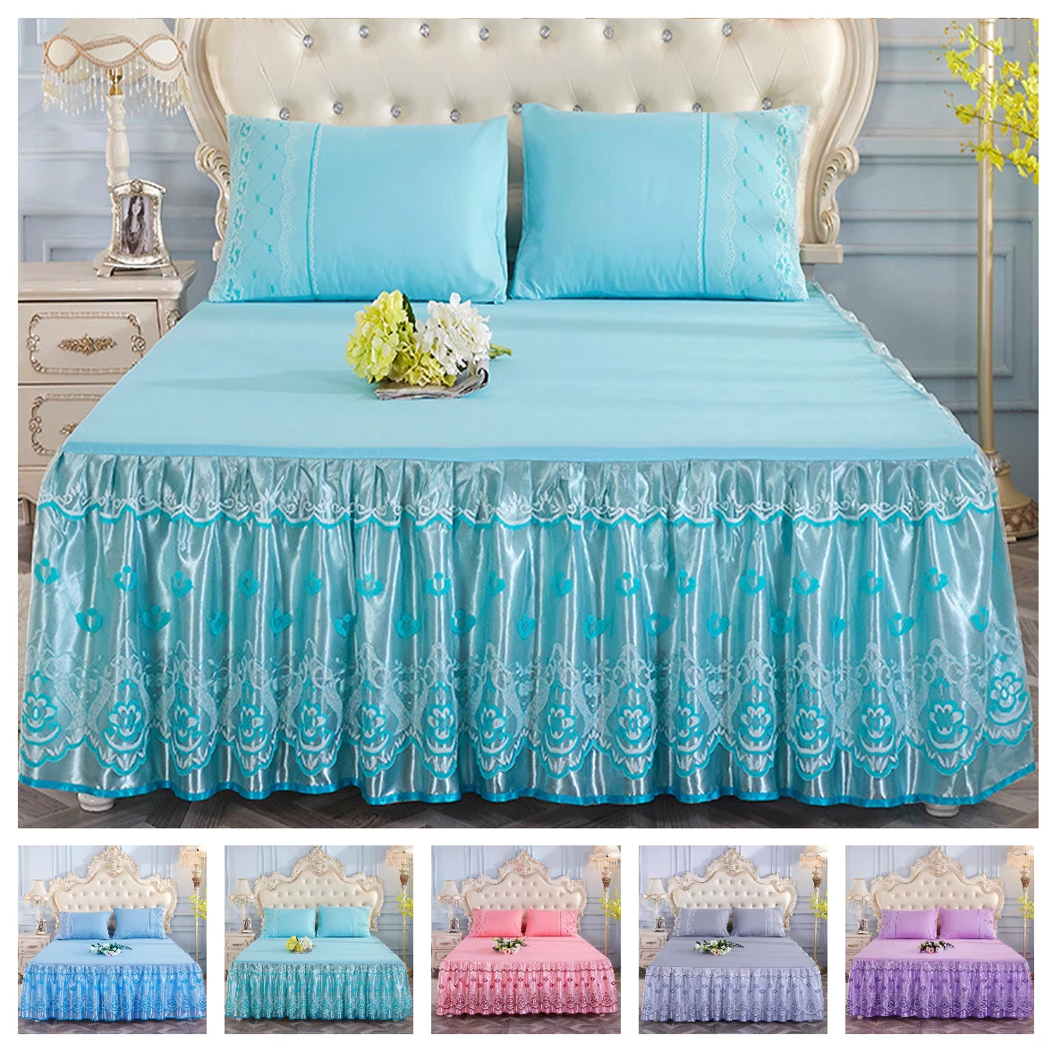 

2021 new Princess Bedding Solid Ruffled Bed Skirt Pillowcases Lace Bed Sheets Mattress Cover King Queen Full Twin Size Bed Cover