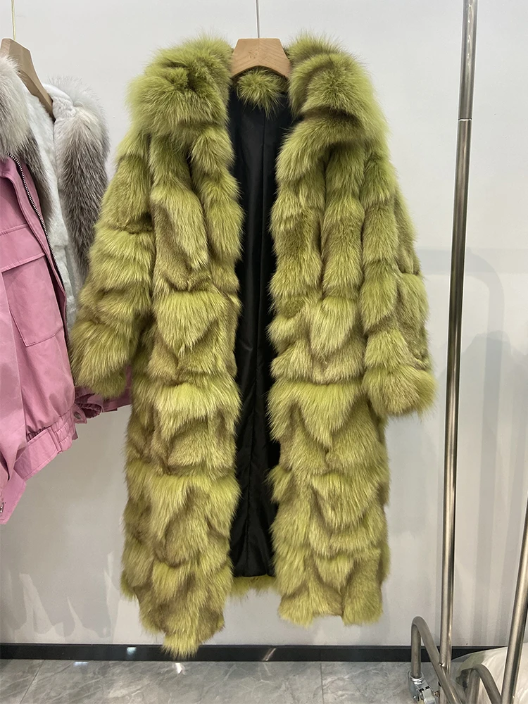 Women's Thick 100% Real Fox Fur Long Warm Long Sleeve Loose Overcoat Winter Warm Real Fox Coat