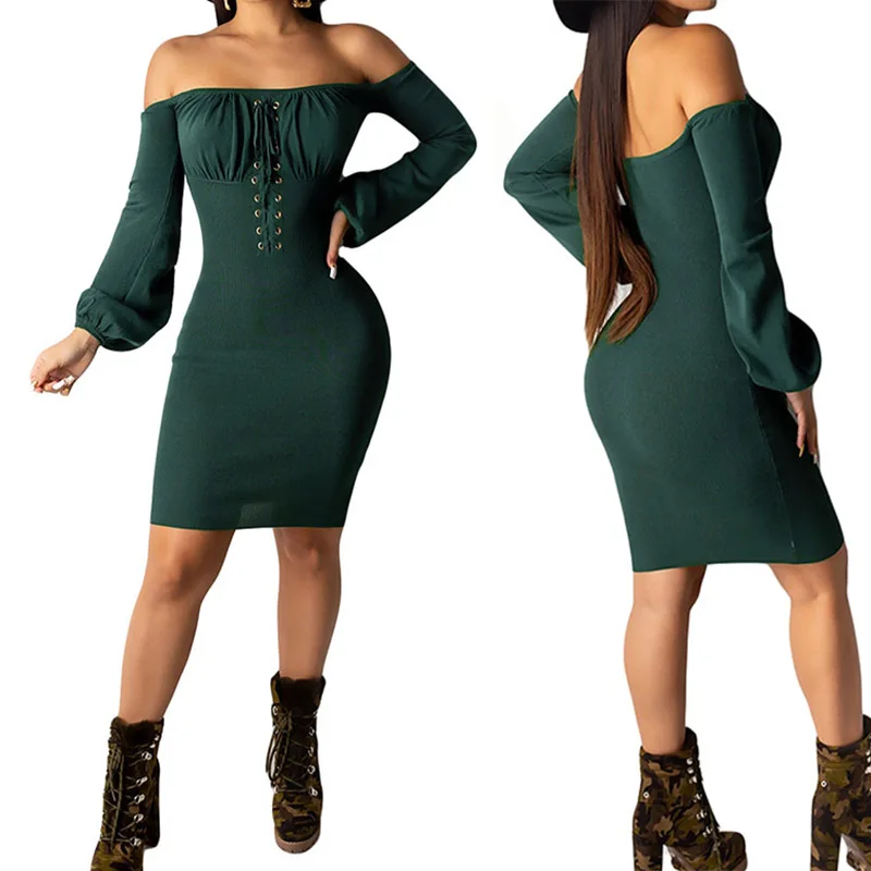 Сексуальное облегающее платье с открытыми плечами и длинным рукавом Осень-зима