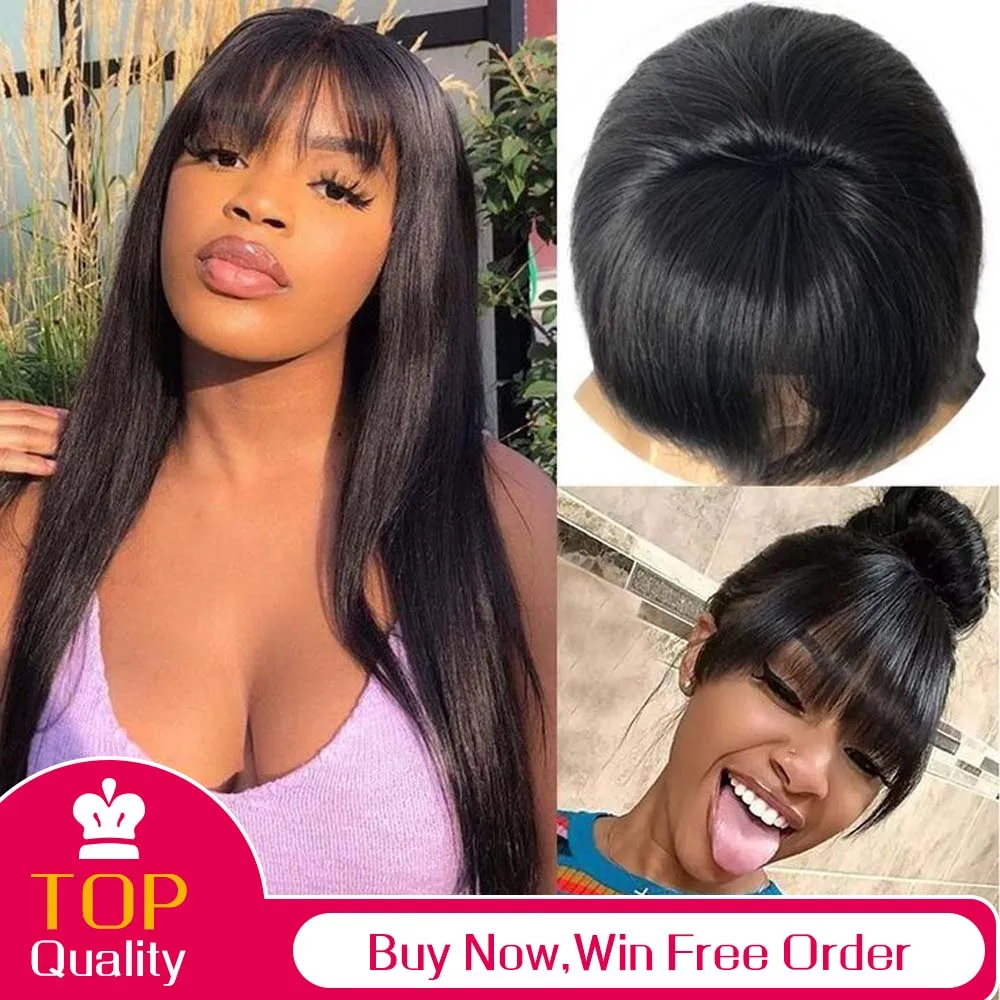 

100% Human Hair Wig With Bangs Short Human Hair Wigs For Black Women Cheap Brazilian Straight Black 26 Inch Long Fringe Wig