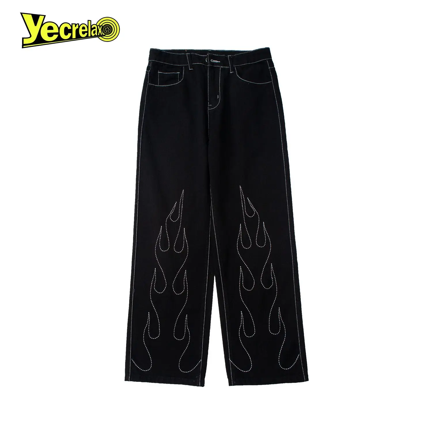

Hip Hop Flame Print Fashion Jeans Mens Loose Straight Tube Youth Student Casual Long Black Wide Leg Baggy Pants Punk Denim