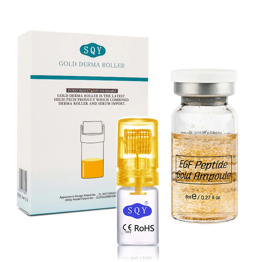 

EGF Peptide Gold 8ml Skin Care Booster Serum With Reusable Gold Derma Roller Titanium Tips 192 Pins Microneedle 0.25mm 0.5mm