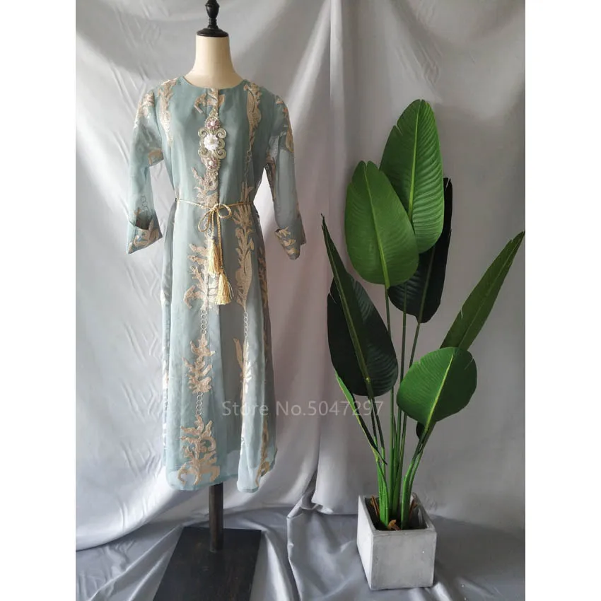

Women Islamic Costume Party Ramadan Muslim Fashion Dubai Arabian Abaya Dress Floral Embroidery Chiffon Tassel Vestido Kaftan