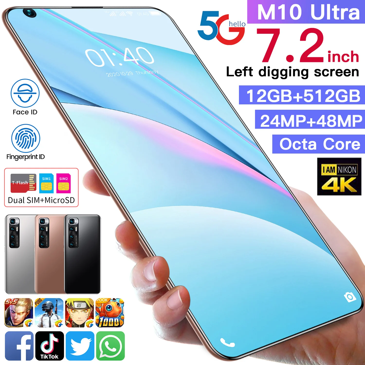 

Global Version M10 Ultra 7.2 Inch Android 10 Smartphone 10 Core 12GB 512GB 24MP 48MP Face ID Snapdragon 888 6000mAh Cell Phones