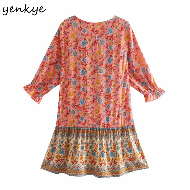 

Holiday Summer Dress Women Vintage Floral Print Dress V Neck Three-Quarter Sleeve Loose Casual Dress Plus Size Short Vestido