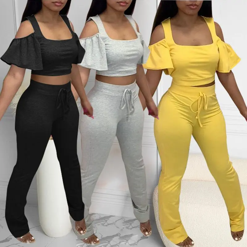 

ZOOEFFBB Sexy Two Piece Set Summer Clothes for Women Off Shoulder Crop Top and High Waist Pants Sexy Club Outfits Matching Sets