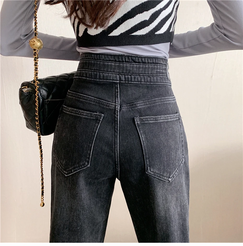 

Stylish Metal Chain Jeans Women Winter Fleece Denim Pants Plus Size Straight-Leg Black Pants High-waisted Velvet Jeans