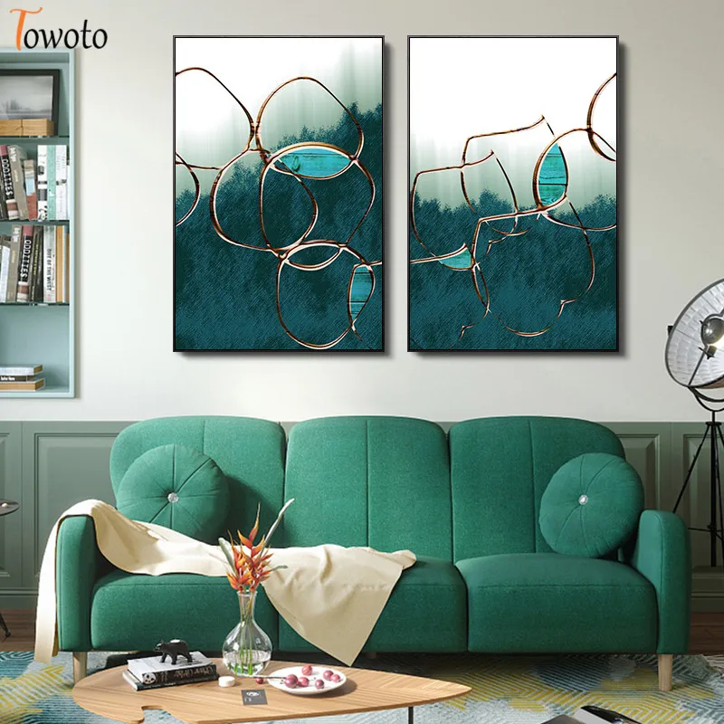 Изумрудная зеленая абстрактная Золотая живопись Большой размер плакат печать