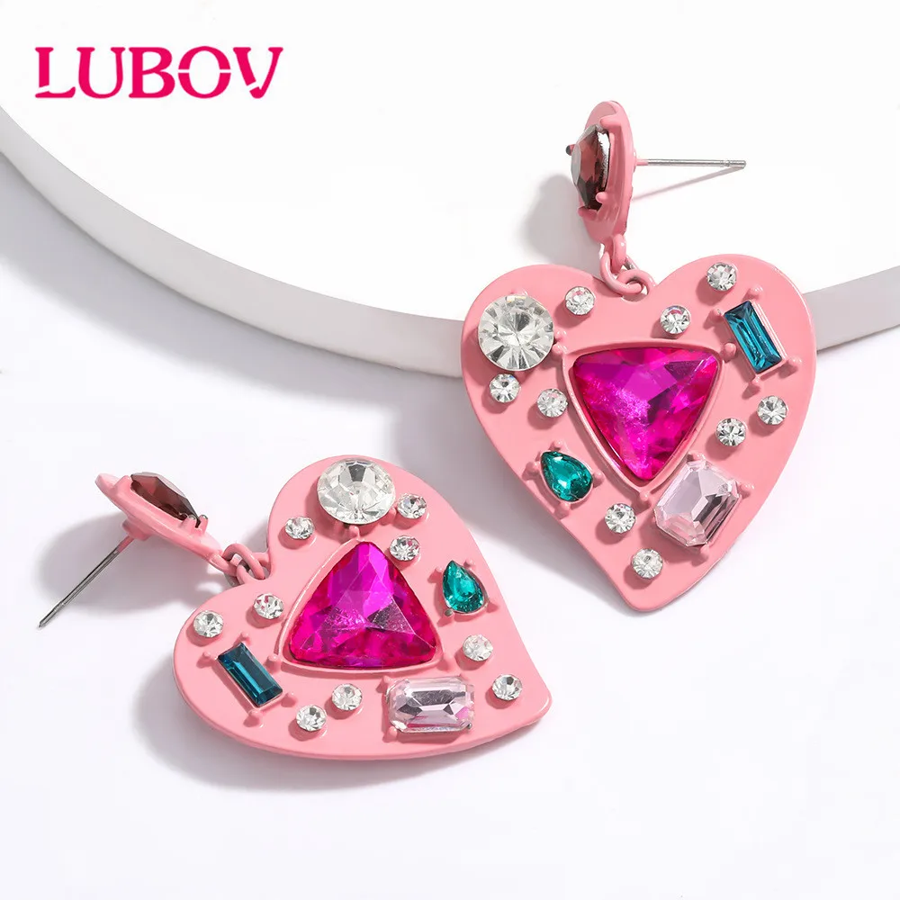 

LUBOV 2020 Vintage Women Heart Shape Cute Drop Earrings New Fashion Pink Color Love Heart Statement Small Earrings for Women