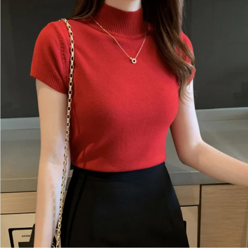 

Women Knitted T-shirts Turnelneck Tees Plain Solid Knitted Short Sleeve Casual O-neck T-Shirts For Women 2021 Autumn