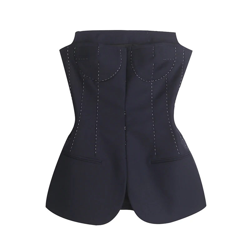 

Slim Fit High Waist Tassel Vests For Women Off Shoulder Female Spring Official Ladies Style Navy Vest