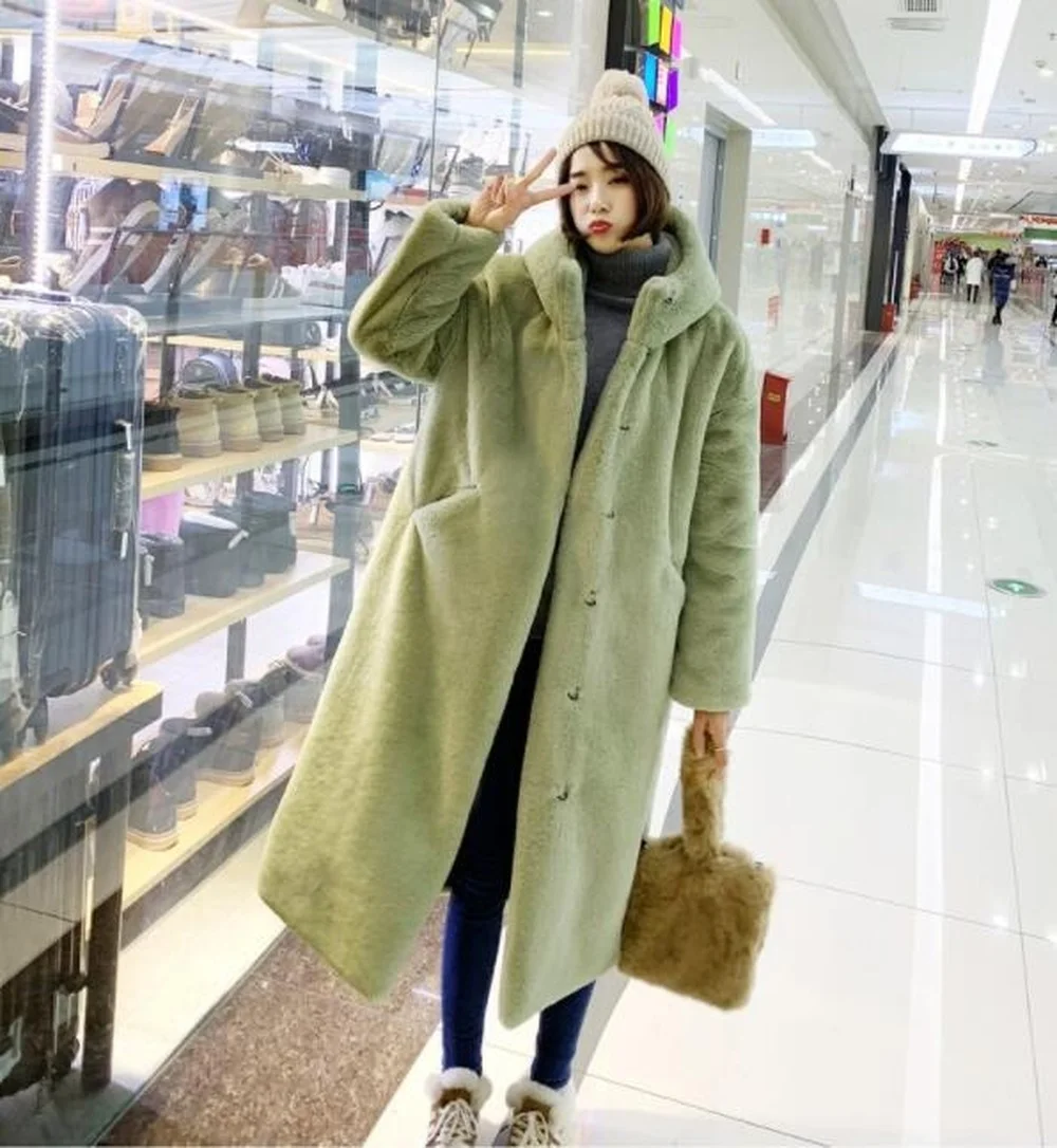 2021 Autumn Mink Women Korean Faux Fur OverCoat Clothes Plus Size Streetwear Hooded Loose Thick Warm Winter Long New Coat