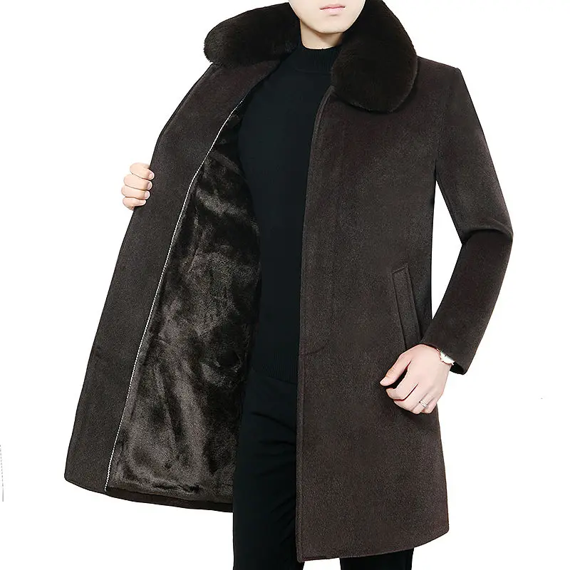 Men 2022 New Autumn and Winter Jacket Men's Mid-length Woolen Jacket Male Fur Collar Slim  Thick Warm Coat 6XL Y275