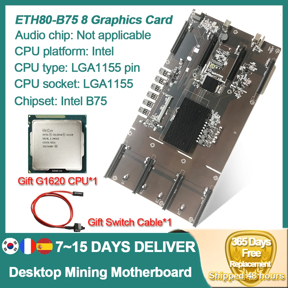 Новейшая материнская плата LGA 1155 ETH80 B75 для майнинга с процессором G1620 IDC 4U шасси BTC