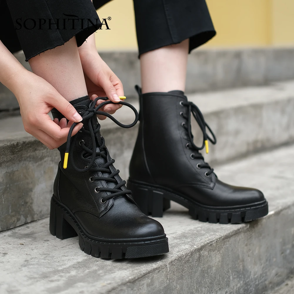 

SOPHITINA Fashion Ankle Boots Comfortable Round Toe Square Mid-Heel Lace-up Shoes Ladies Winter Warm Anti-Skid Women Boots MO648