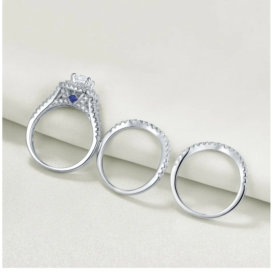 Newshe 3 шт. 925 пробы серебряные обручальные кольца для женщин 2 Ct AAA CZ Синие боковые камни классические ювелирные изделия обручальное кольцо набор