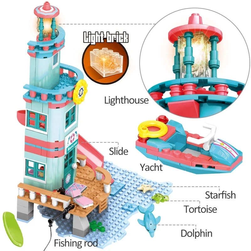 

282pcs Summer Beach Rescue Lightinghouse Hut Building Blocks Friend Seaside Flshing Lifeboat Boat Educational Toy For Children