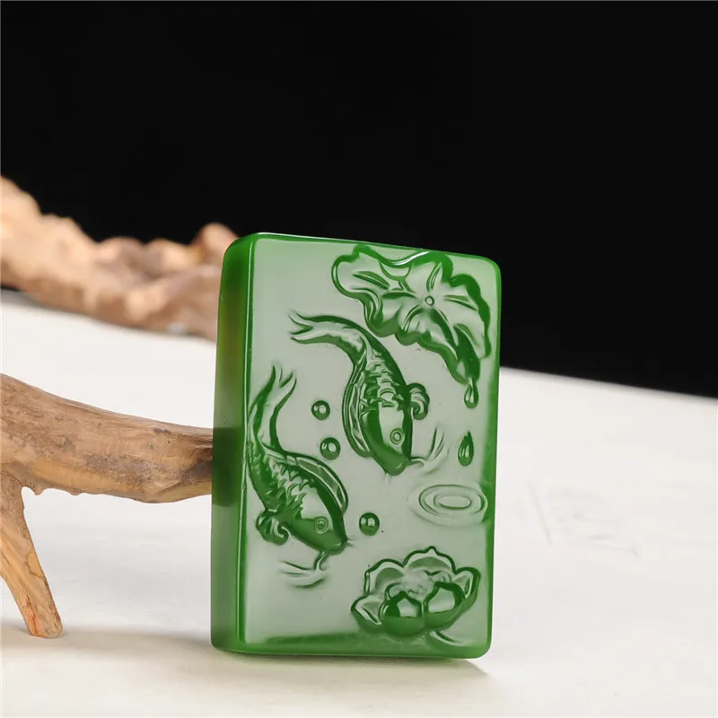 Natural Green Jade Carp Lotus Pendant Necklace Chinese Hand-carved Charm Jadeite Jewelry Fashion Amulet Gifts for Men Women | Украшения и