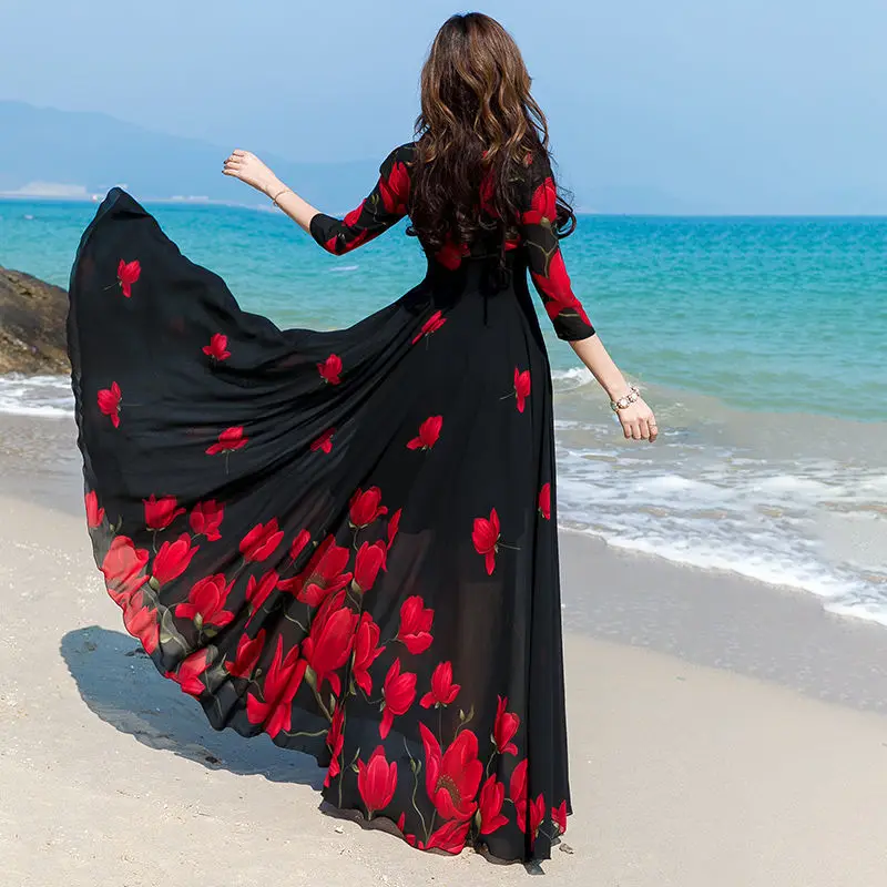 Женское шифоновое платье с цветочным принтом, Черное длинное пляжное облегающее платье с V-образным вырезом в стиле бохо, лето 2021 от AliExpress RU&CIS NEW