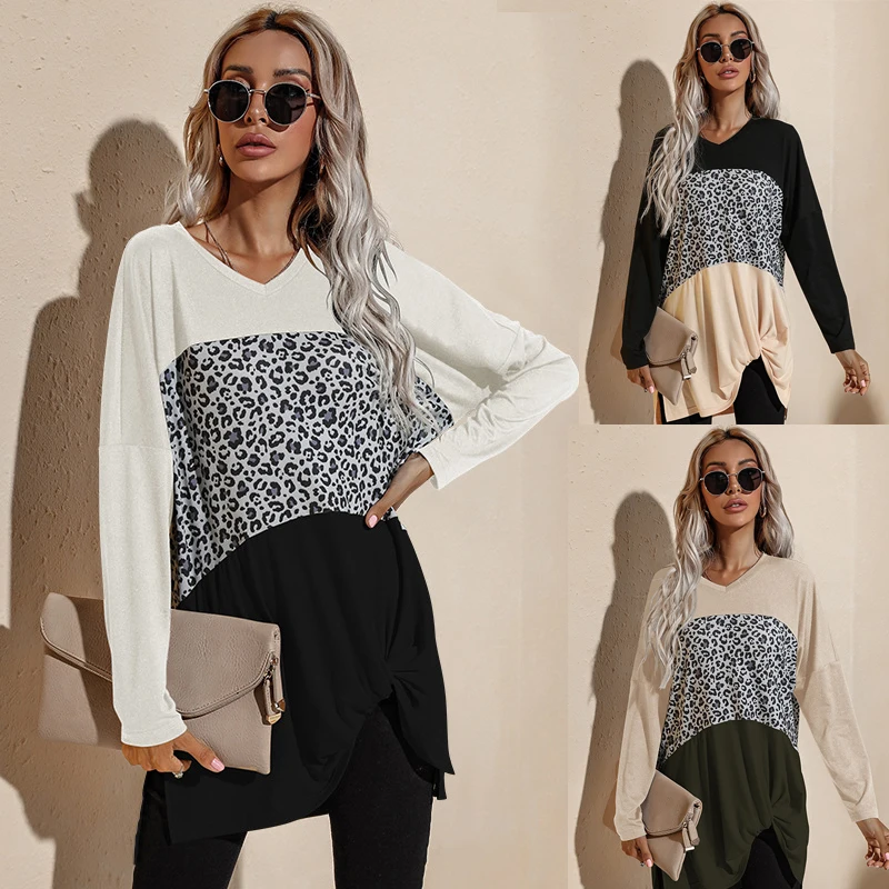 

Tops Women 2022 Spring Autumn Wear V-Neck Long Sleeve Splicing Thermal Insulation Wrinkle Irregular T-shirt Backing Sweatshirt