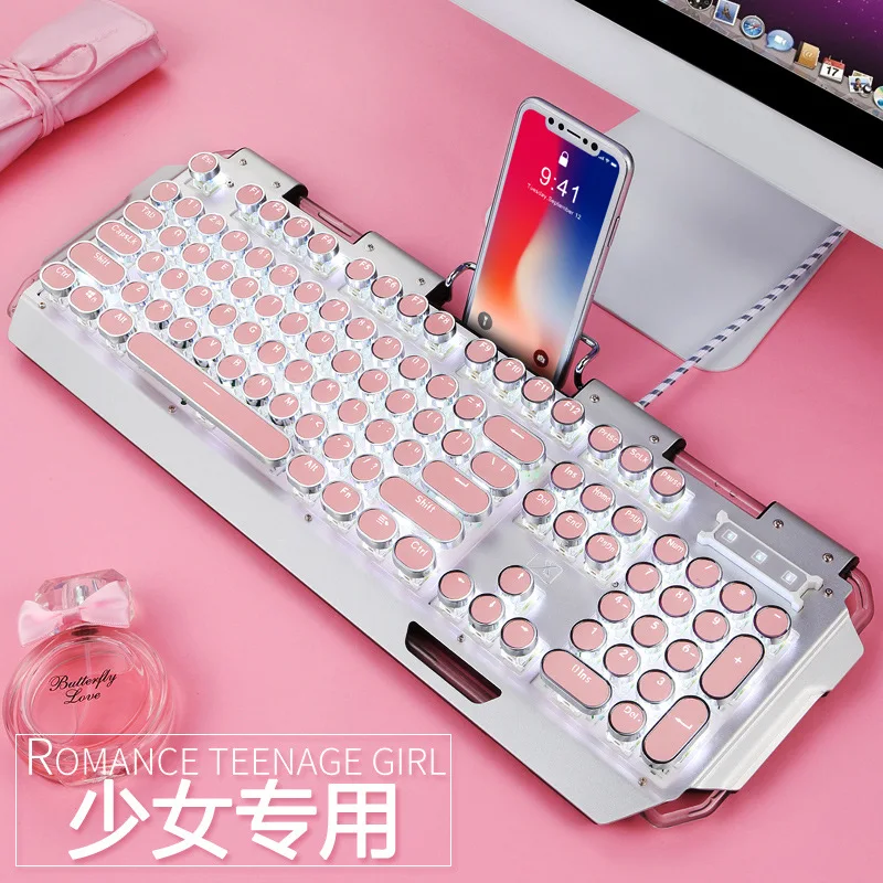 

Клавиатура Механическая в стиле ретро для девочек, комплект с клавиатурой и мышью для игрового ноутбука, розовая сетка, красная, панк