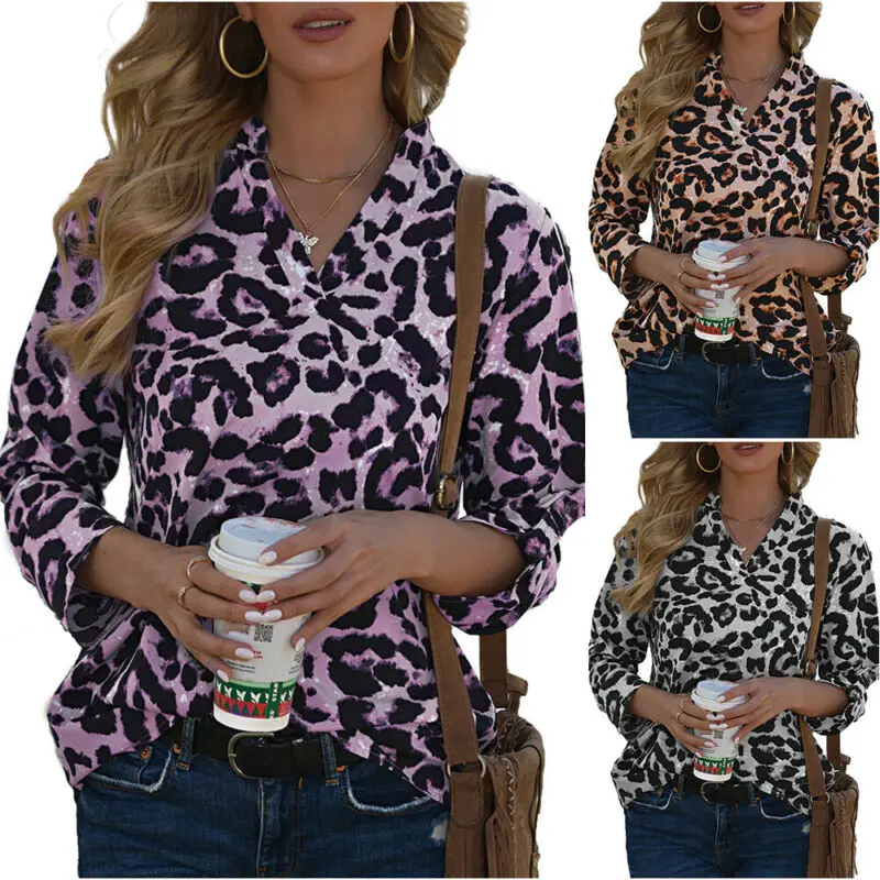 

Women Ladies Leopard Print Tops Causel Long Sleeve Loose Work Blouse T Shirt