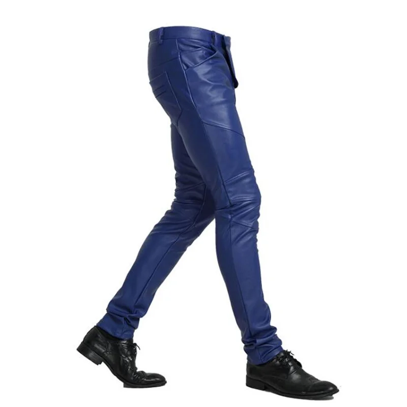 Summer leather pants men's PU stretch thin feet slim korean motorcycle trousers plus velvet stitching pantalones calça de couro