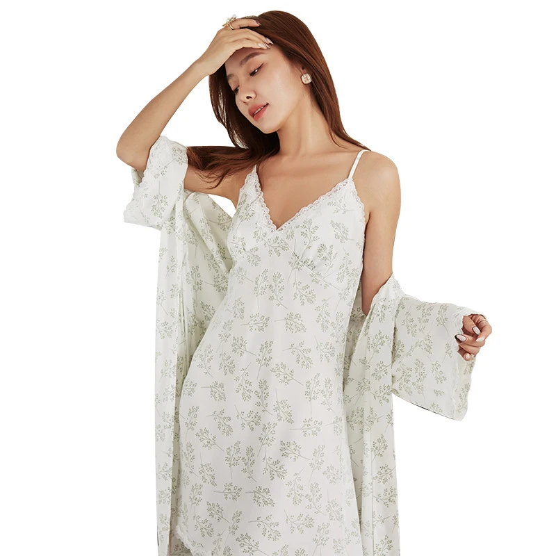 

2021 Pajamas set ladies summer Satin sleepwear lace sexy sweet simulation silk silk sling nightgown two-piece home service suit