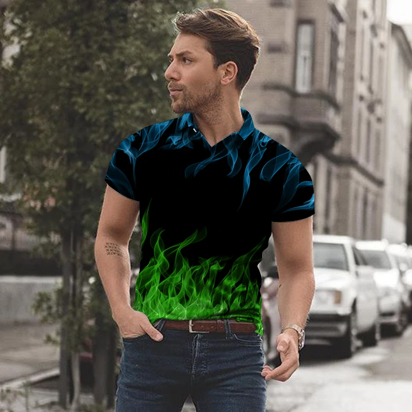 Рубашка-поло мужская с 3D-принтом пламени и коротким рукавом | Мужская одежда