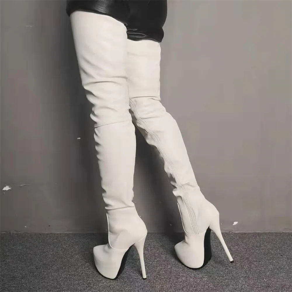 Женские высокие сапоги выше колена белые на высокой платформе тонком высоком