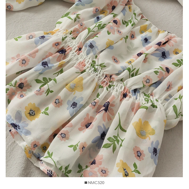 

Women Chiffon Floral Print Blouse Summer Square Collar Flare Sleeve Short Tops Korean Ruched Blouses 2021