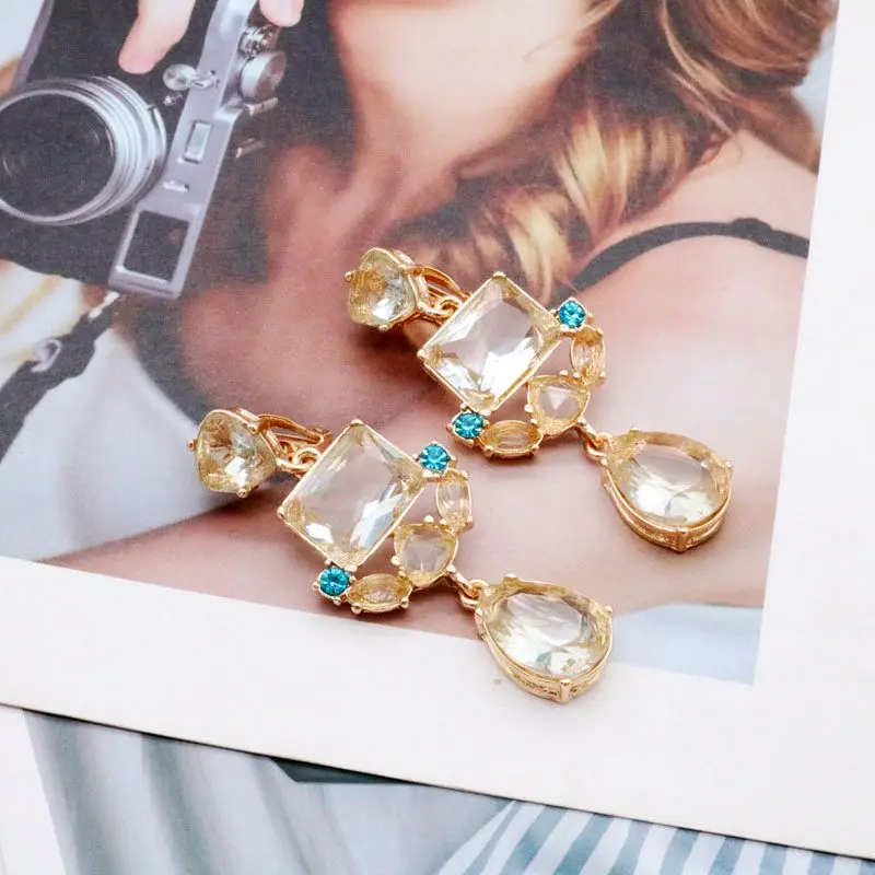 Free Shipping New Elegant Glass Stones Geometric Clip Earrings Statement