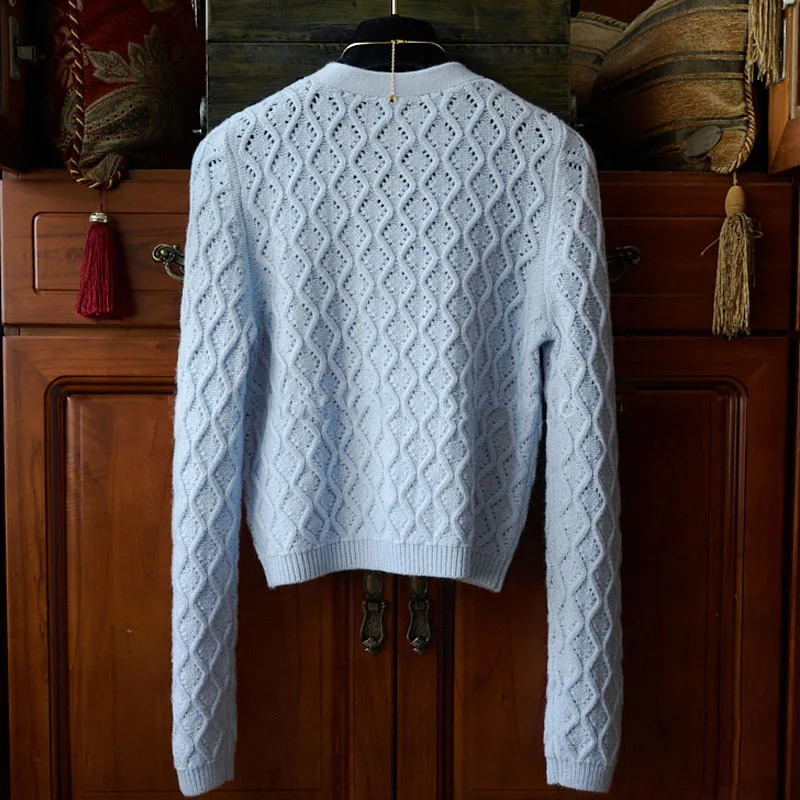 

Spring 2021 New Fashon Sexy V-Neck Sweater Crop Toop Women Elegant Luxurious Diamond Solid Long Sleeve Knitted Cardigans Outwear