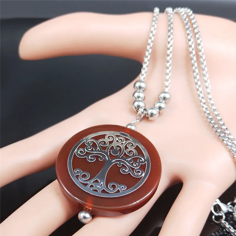 Женское длинное ожерелье из нержавеющей стали Tree of Life красного цвета с