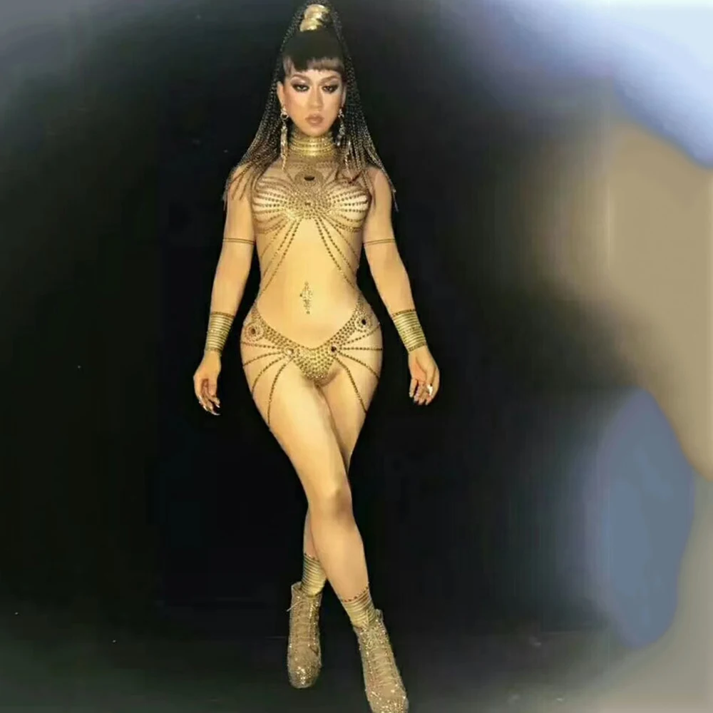 

Комбинезон золотистый Стразы, блестящий костюм в полоску с открытой спиной для женщин, одежда для ночного клуба, танцев, шоу, сценический на...