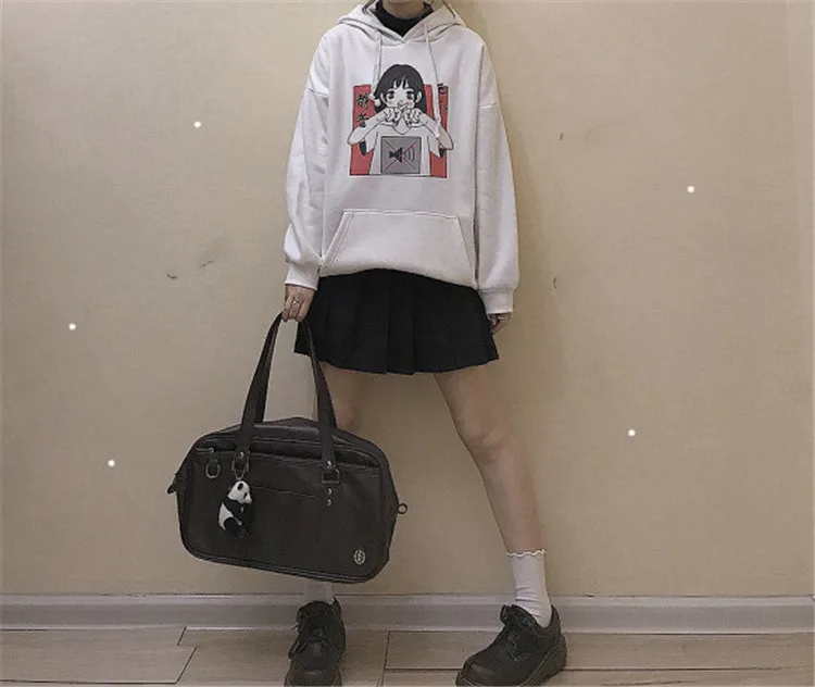 Harajuku Kawaii аниме девушка с капюшоном Толстовка японский Винтаж милый черный флис толстовка с рисунком женский объемный пуловер