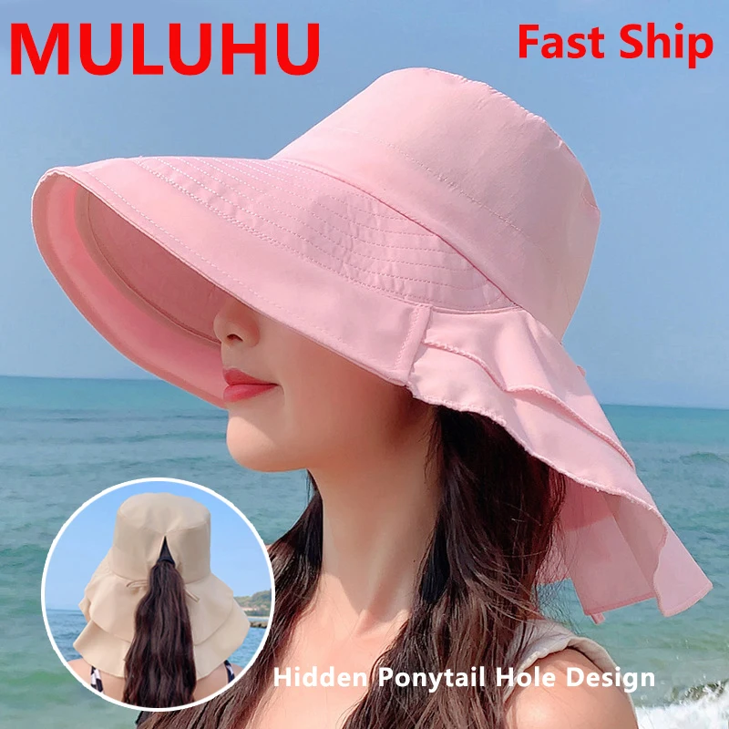 

Fedora Women's Cap Fashion Hidden Ponytail Hole Visor Big Brim Anti-UV Sun Cap Beach Neck Guard Fisherman's Foldable Bucket Hat