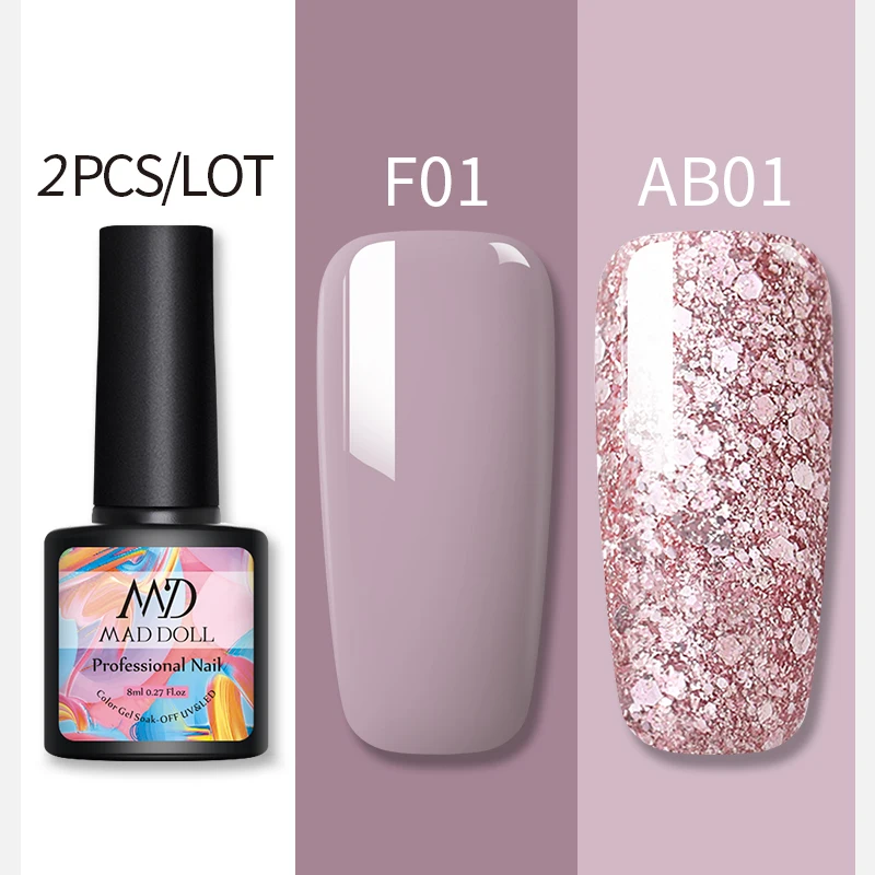 F01AB01 2 бутылки 8 мл MAD DOLL УФ-гель для ногтей чистый цвет и Блестящие Блестки долговечный впитывающий Гель-лак для нейл-арта - Цвет: F01AB01