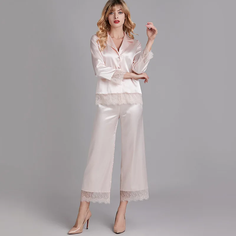 Women Faux silk Pajamas Lace Summer Satin Pajamas Long-Sleeved Solid Home Wear Womens Pajama Set Sexy Pijama Soft Sleepwear