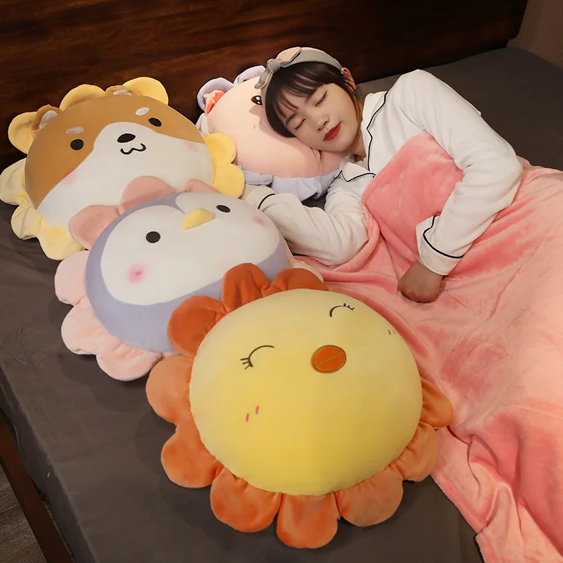

Soft Plush Blanket Animal Throw Pillow Stuffed Animal Toy Dinosaur Pig Bear Dog Penguin Cushion With Blanket