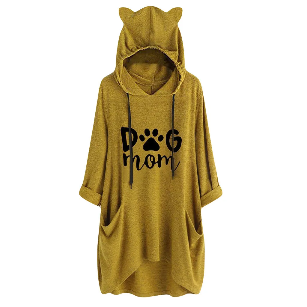 Women Hooded Sweatshirt Long Sleeves Cat Ear Dog Mom Print Pocket Shirt Irregular Top Hoodie Streetwear Women Oversized Hoodies