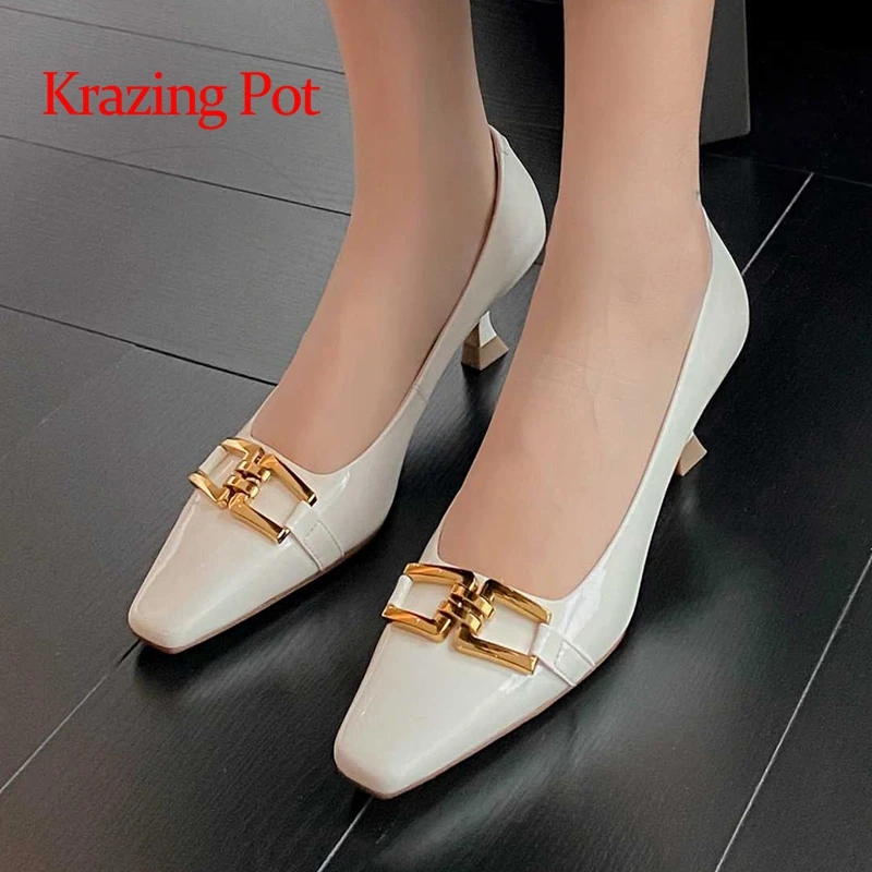 

krazing pot European style sheep patent leather square toe strange high heels metal decoration young lady mature women pumps L60