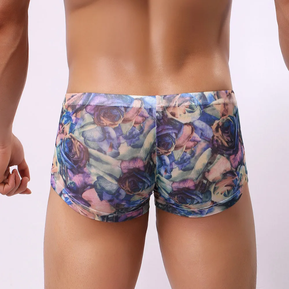 Сексуальное нижнее белье мужские трусы боксеры с цветочным принтом Сетчатое