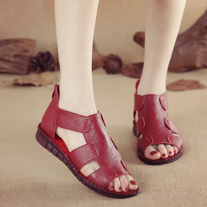 

2021 Women Sandals Leather Breathable Round Toe Hollow Sandals Gladiator Platform Casual Soft Sandals Fashion Brand Female Shoes