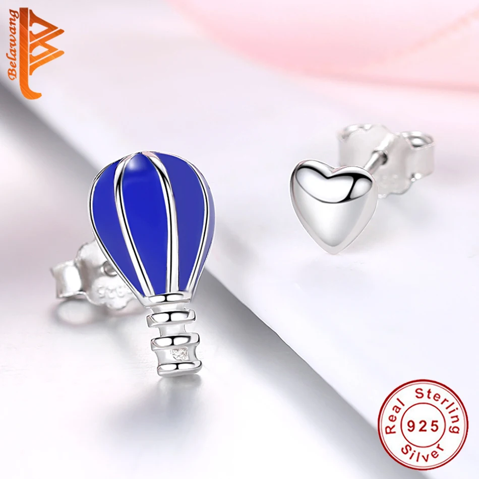Romantic 925 Sterling Silver Blue Hot Air Balloon &amp Heart Stud Earrings for Women Girlfriend Party Valentines Day Jewelry Gift |