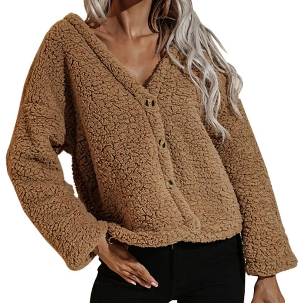 

Dropshipping!! Women Jacket Solid Color Deep V Neck Autumn Winter Long Sleeve Single Breasted Plush Jacket for Daily Wear