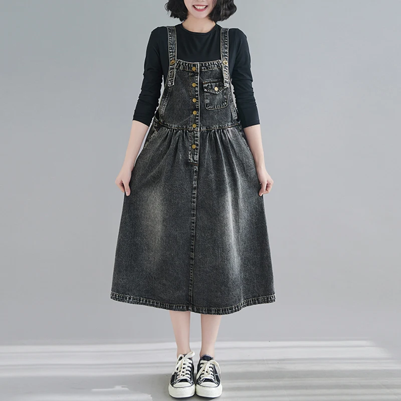 Женское джинсовое платье комбинезон #2445 черно синее однобортное свободное